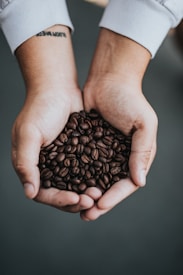 Two hands cupped together holding a pile of dark roasted coffee beans. The focus is on the texture and richness of the coffee beans, with the background blurred to bring attention to the foreground.
