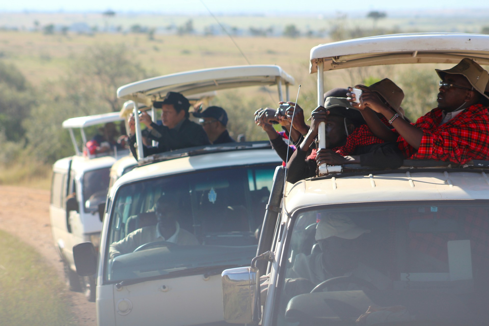 people riding pickup truck taking photo
