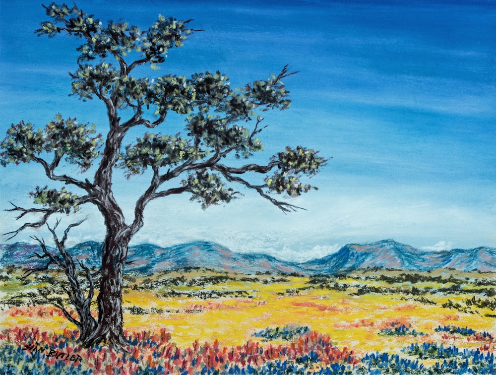 peinture d’arbre et prairie de fleurs