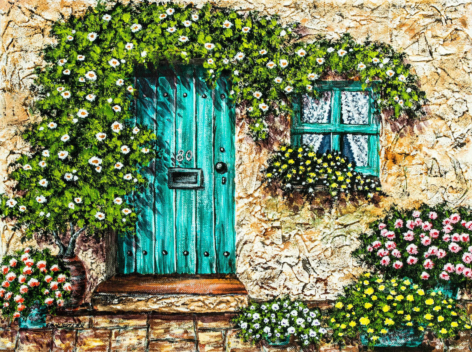 One of Sian Butler’s delightful cottage or doorway paintings. Sian is my Mum and she likes to share her beautiful paintings, and hopes you enjoy them. I like how bright and cheerful these cottage scenes are, and how she expertly renders so many different textures.They are inspired by cottages she has seen, mostly in Britain and Australia.