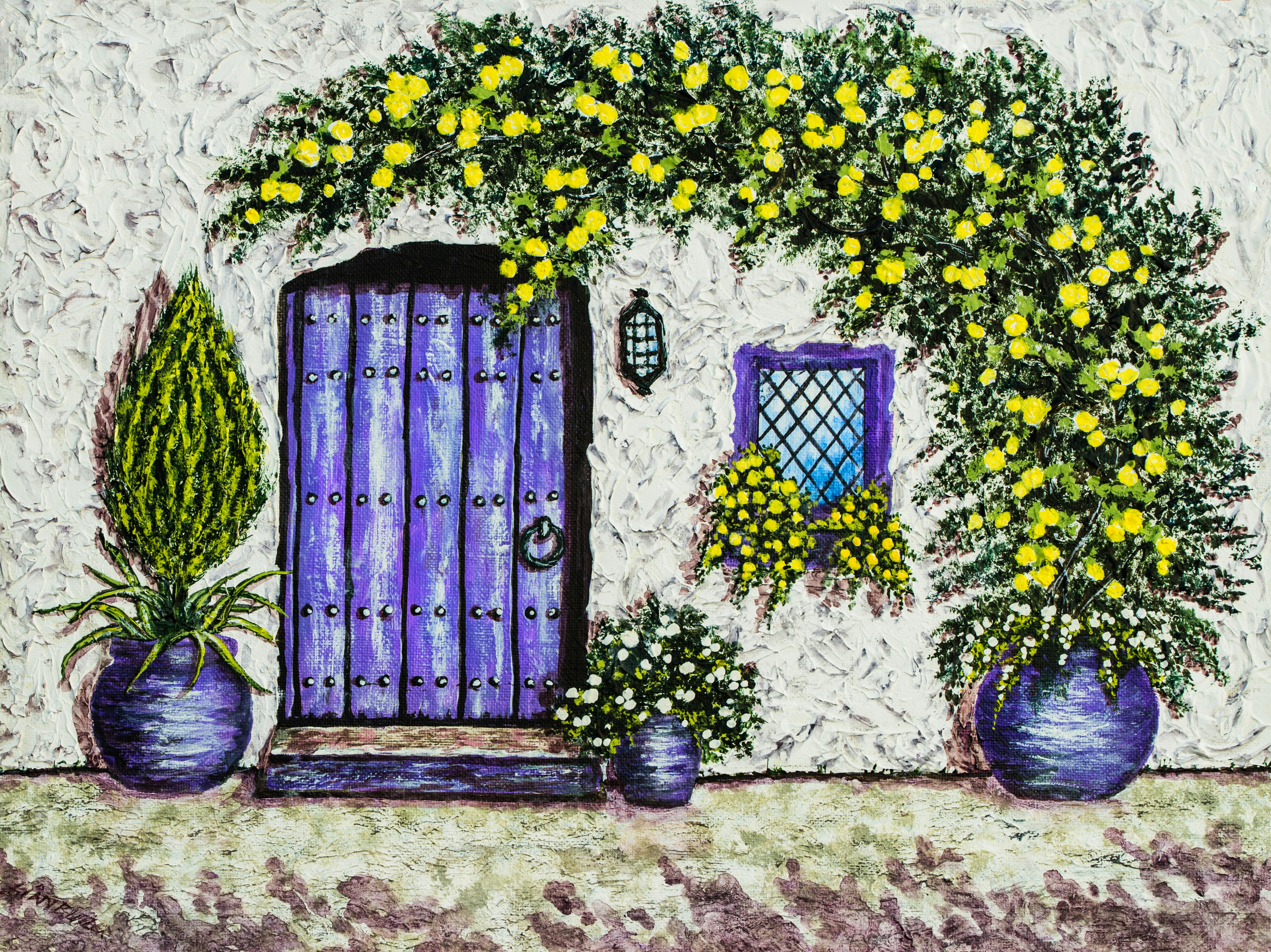 yellow flowers potted beside concrete wall illustration