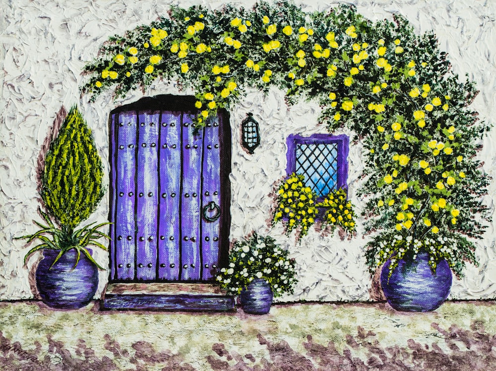 yellow flowers potted beside concrete wall illustration