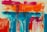 An abstract painting featuring vibrant colors with bold strokes. The top portion has vivid oranges and pinks, transitioning into blues and teals towards the bottom. The overall composition is dynamic and expressive with a combination of horizontal and vertical lines.
