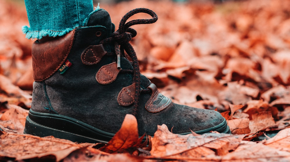 person stepping on ground with dried leaves