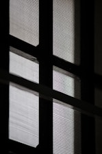 A close-up view of a window with a mesh screen, creating a grid-like pattern that contrasts with the light coming through the glass panes.