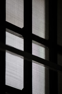 A close-up view of a window with a mesh screen, creating a grid-like pattern that contrasts with the light coming through the glass panes.