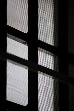 A close-up view of a window with a mesh screen, creating a grid-like pattern that contrasts with the light coming through the glass panes.