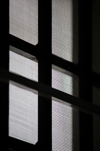 Close-up of a sturdy aluminum frame fiberglass window insect screen installed on a sunny window.