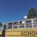 A vintage yellow school bus with a stop sign attached to its side, parked near a tree under a clear blue sky. The bus appears old and worn, with chipped paint around the door and roof. The windows show reflections and shadows of seats inside. Overgrown branches of a large green tree are partially visible, adding a natural element to the scene.
