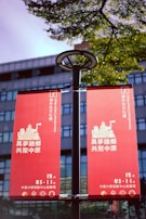 Two red banners hang outdoors from a street lamp post, featuring intricately designed cityscapes and text in both English and Chinese, promoting an event titled 'International Culture Week'. The background includes the facade of a modern building and overhanging green tree branches.