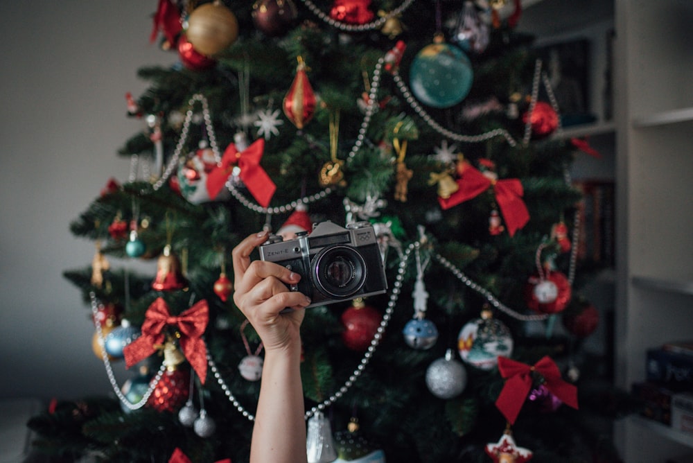 person holding black point-and-shoot camera near Christmas tree