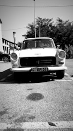 A vintage classic car displayed in a picturesque outdoor setting.