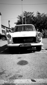 A vintage car parked in a scenic countryside setting, showcasing its classic design.