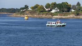 A small boat carrying passengers travels across a body of blue water. In the background, a lush green shoreline is dotted with white houses surrounded by numerous trees. A yellow and black striped buoy floats in the water, indicating navigation guidance.