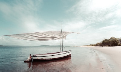 A small sailboat with a large white sail docked on a sandy beach. The shoreline curves gently, leading to clusters of green trees. The ocean is calm with rippling water reflecting the pale sky.