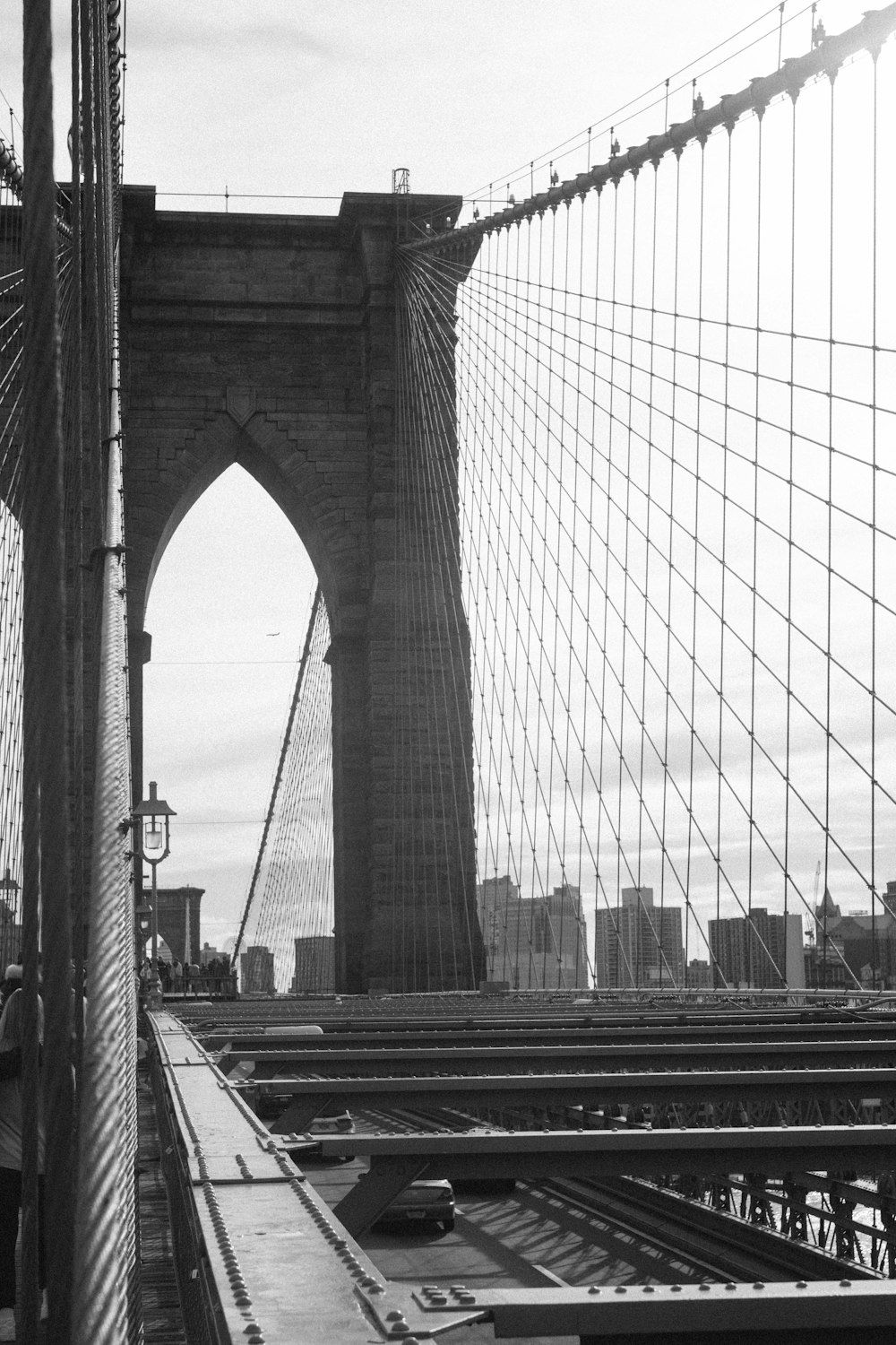 grayscale photography of Brooklyn Bridge