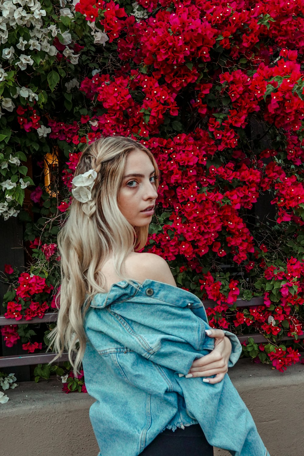 woman wearing blue denim jacket while showing her shoulder near red and white petaled flowers outdoors