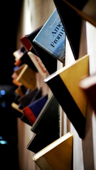 Books are creatively displayed by being slotted between shelves, arranged diagonally with their spines facing outwards. The focus is on a specific book with a blue cover, while others of various colors fade into a blur.
