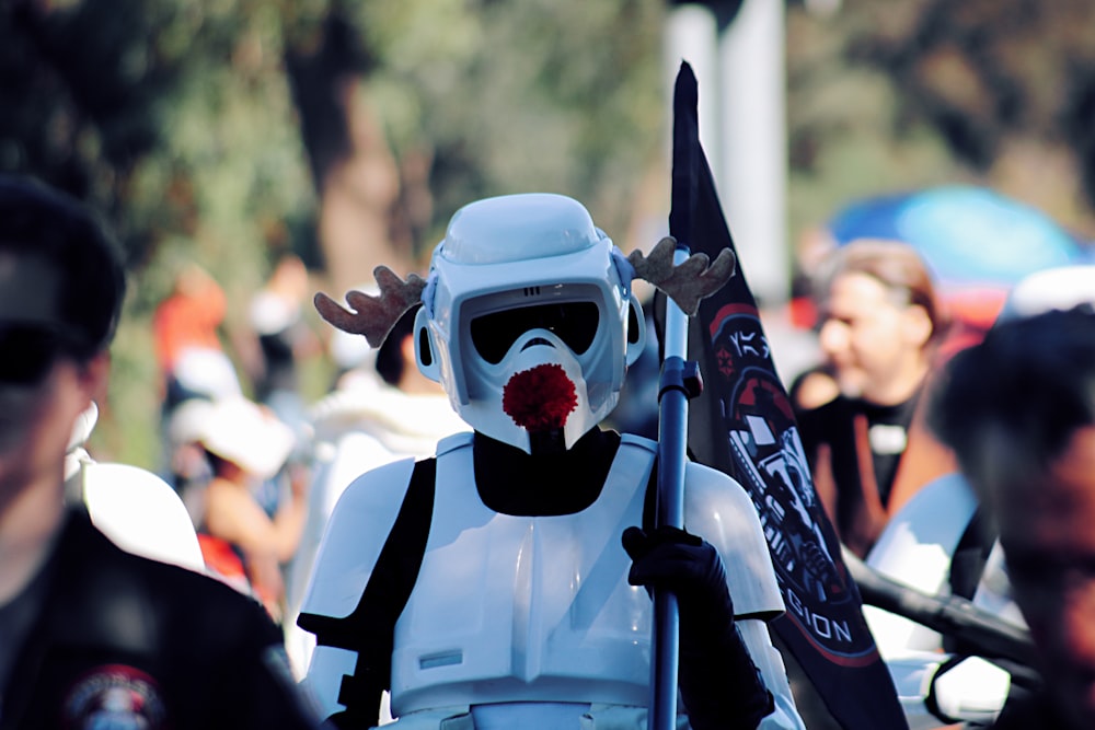 person wearing Star Wars trooper costume during daytime