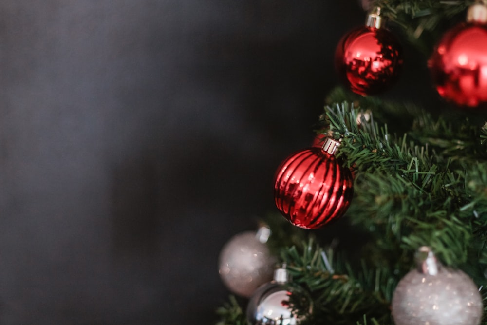 red and silver baubles on Christmas tree