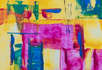 An abstract painting featuring bold colors and dynamic shapes.