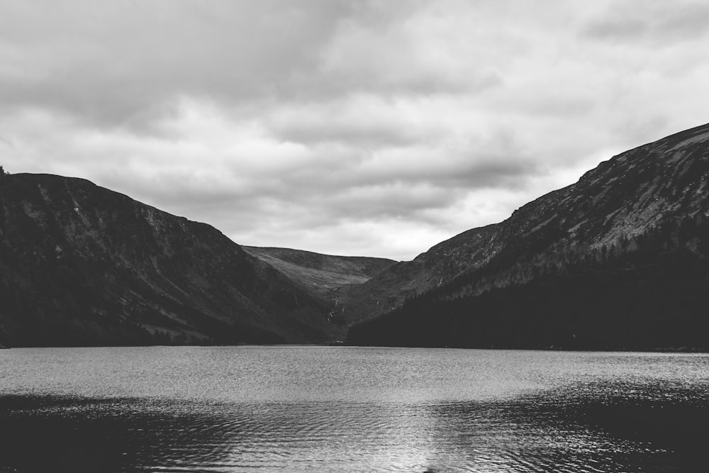 grayscale photography of lake
