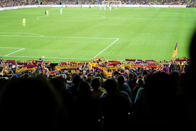 Fans celebrating wildly in the stands with scarves and flags waving during a Champions League match.