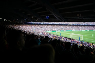 A large crowd fills the stands of a stadium, watching a soccer match on a brightly lit field. The spectators are packed closely together, creating a sea of varied colors and textures. Advertising banners display prominently around the field.