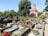 A well-maintained cemetery featuring stone graves adorned with a variety of colorful flowers. In the background, a large tree provides shade, and an ornate chapel with a red roof and spire adds a sense of tranquility. The surrounding environment is lush with greenery.