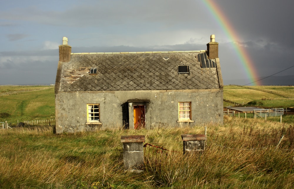 gray concrete house on lawn field during daytime