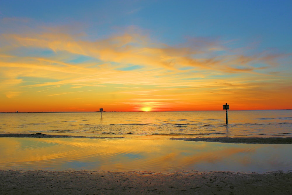 silhouette of poles on water under golden sky