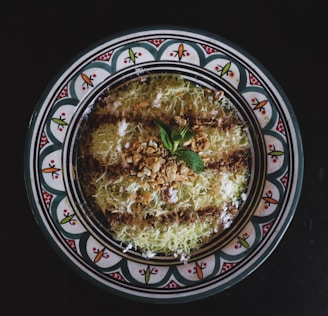 A close-up of a traditional Syrian dessert beautifully plated.