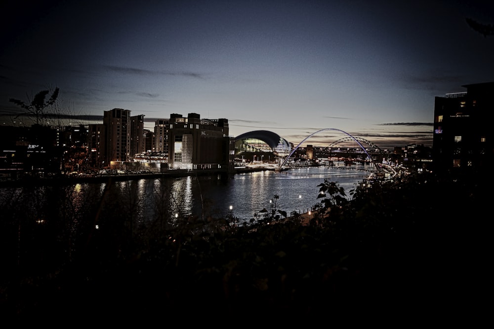 silhouette photo of city beside sea