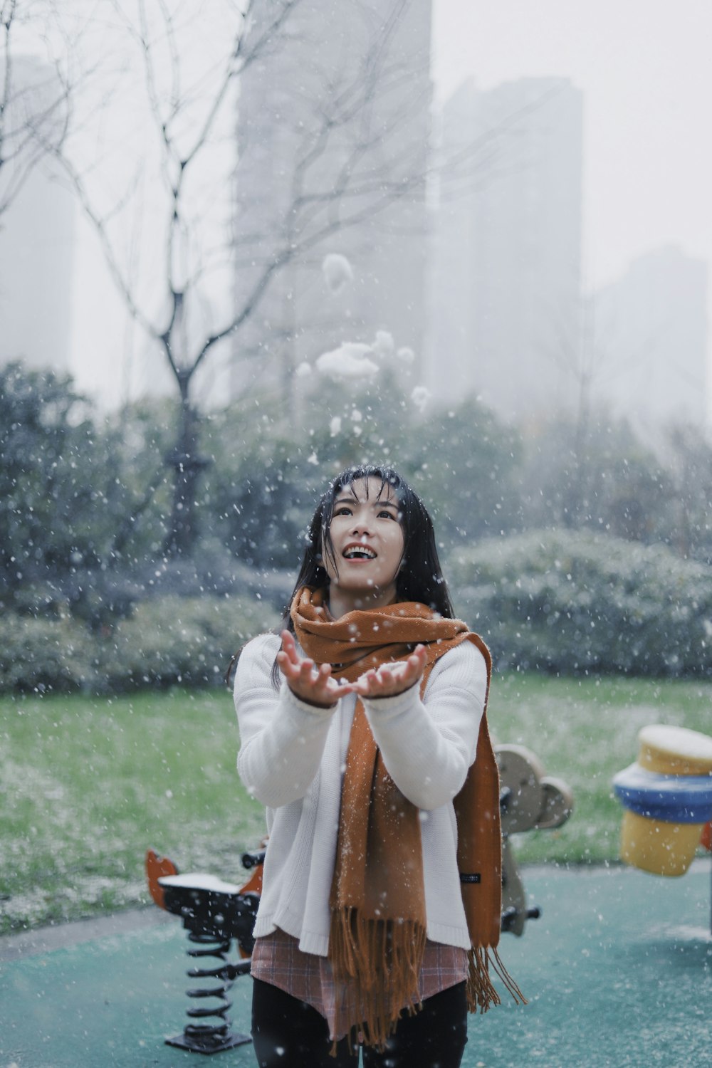 woman with scarf near the pool