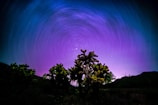 Star trails swirling above a desert landscape, with silhouetted figures observing the sky.