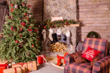 Cozy living room corner decorated with stockings and soft fairy lights ready for Santa Cowboy's arrival