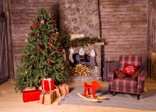 green Christmas tree beside red and brown fabric sofa chair