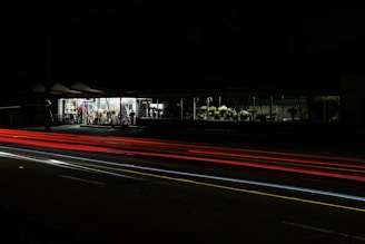 A flower shop is illuminated in the darkness, with a variety of plants and flowers visible through large windows. Light trails from vehicles create streaks of red and white across the foreground, indicating motion along the road.