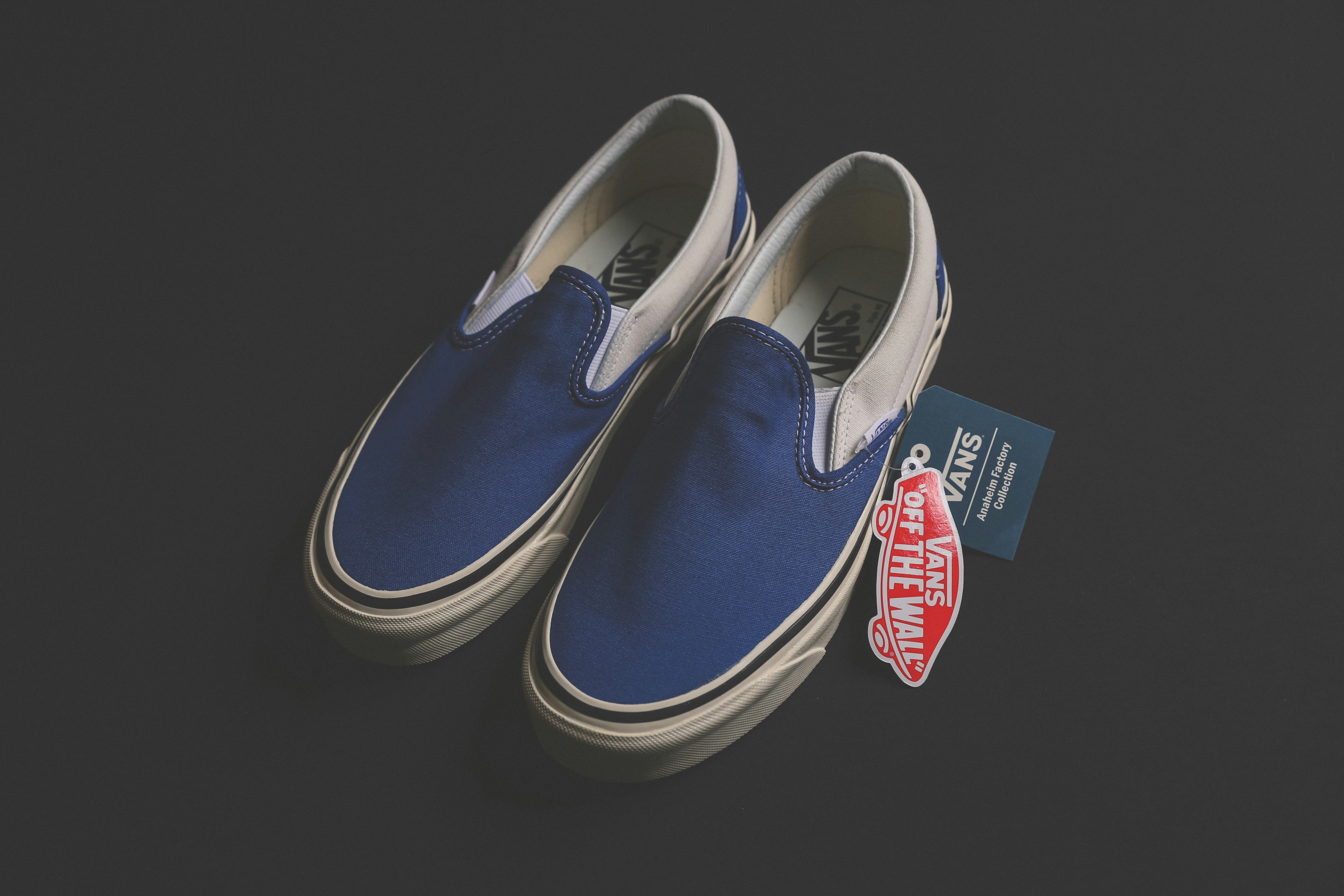 pair of blue Vans low-top sneakers