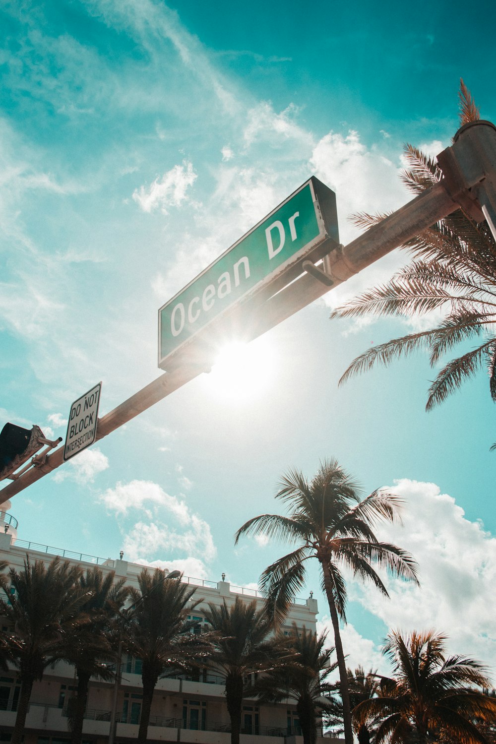 green Ocean Dr road signage under the sun