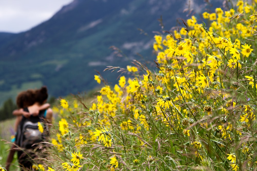 Due persone che si abbracciano accanto al campo di fiori gialli che si affacciano sulla montagna all'aperto durante il giorno