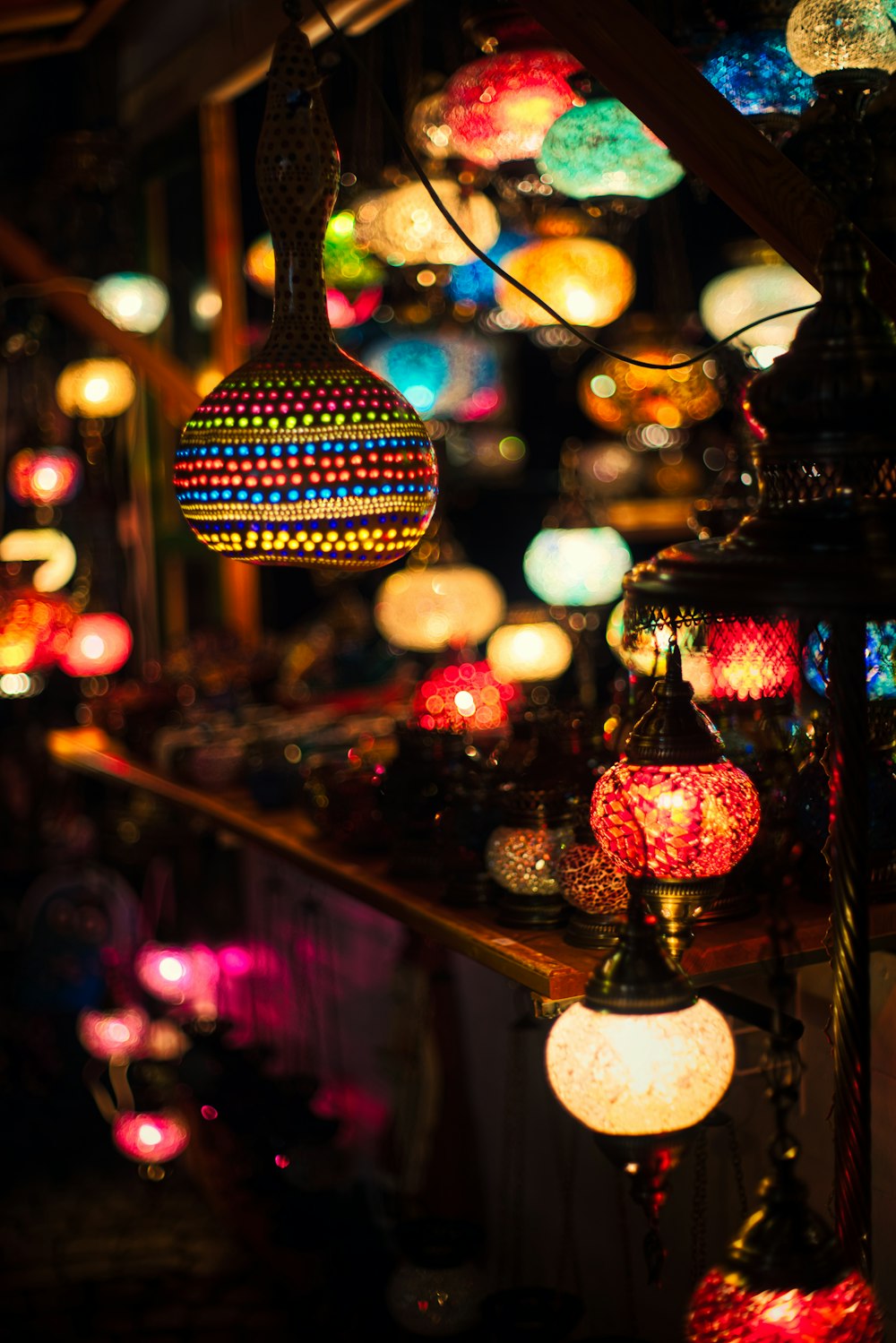 lighted lanterns at night