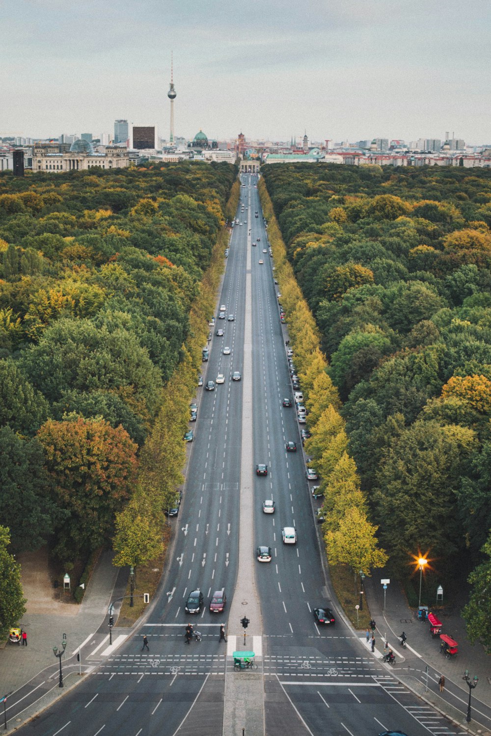 Fahrzeuge auf der Straße zwischen Wald und Wald