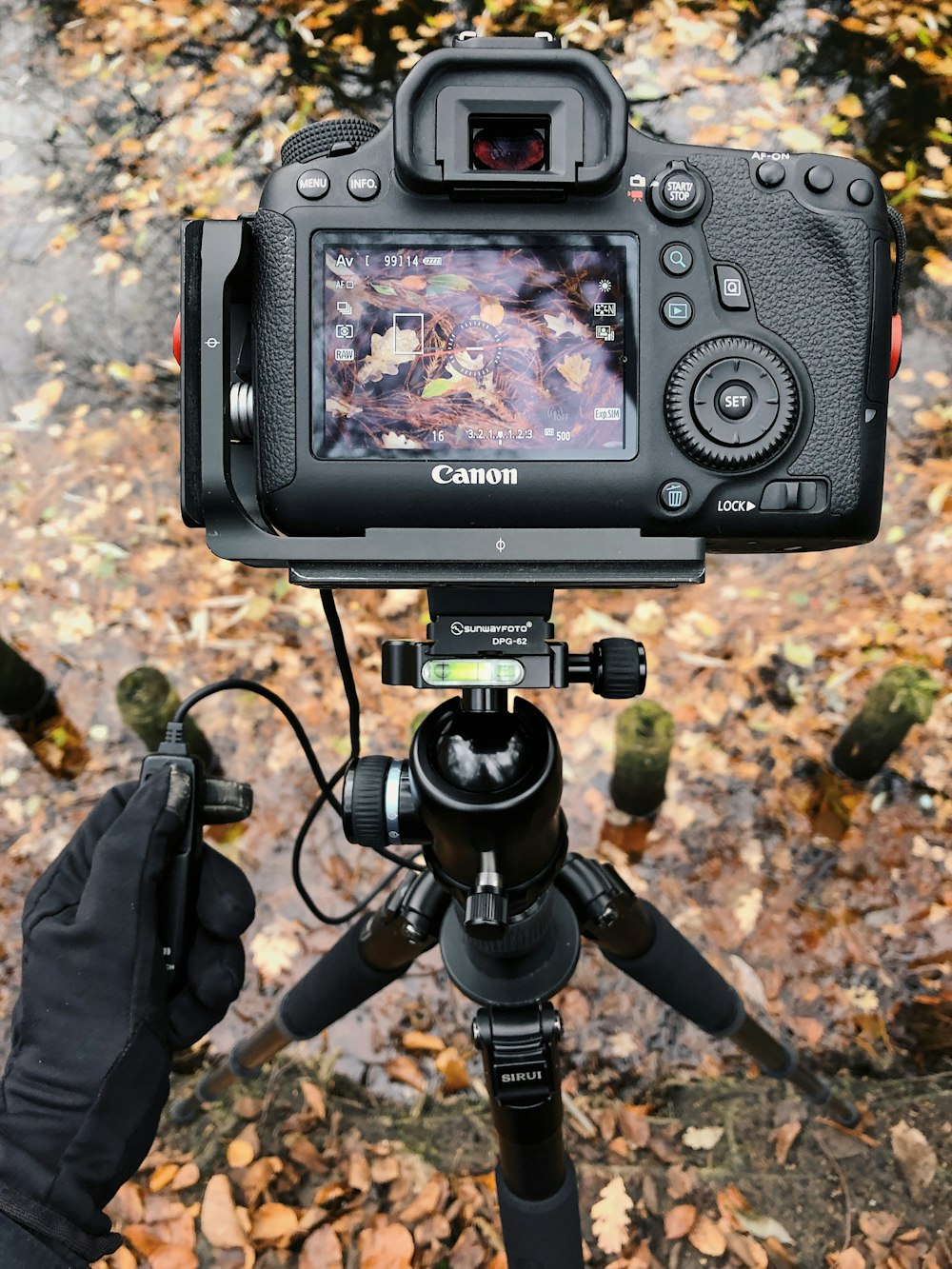 black Canon camera with stand