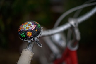 A vibrant display of colorful bike bells and grips.