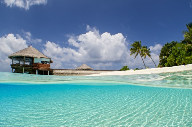 A tropical beach scene with a thatched-roof bungalow on stilts over turquoise water. Palm trees are on a sandy beach under a blue sky with fluffy white clouds. The view is partially submerged, showing clear water with ripples.