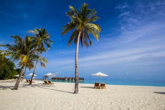 Stunning white sand beach with clear blue water, three boats anchored near the shore, and lush green