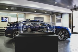 Sleek showroom display featuring premium automotive paint brands with metallic and dark blue accents.
