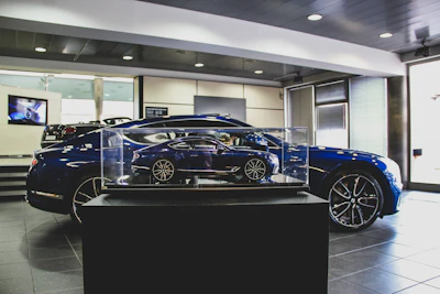 Wide shot of the showroom interior featuring shelves filled with various automobile parts.