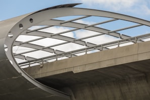 A panoramic view of a newly completed bridge showcasing sleek design and sturdy construction under a clear blue sky.